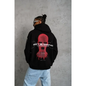 MARSiLYAN- Erkek Oversize Üç İplik Kapüşonlu Sweatshirt – Siyah “Don’t Be Terrified” Ön, Sırt Ve Kol Baskılı, Kanguru Cepli, Ribanalı Rahat Model- Siyah