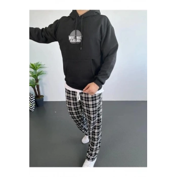 MARSiLYAN- Erkek Oversize Üç İplik Kapüşonlu Sweatshirt – Siyah Sırt Ve Ön Baskılı, Kanguru Cepli, Rahat Kalıp, İçi Pamuklu ModeL-Siyah