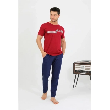 MARSiLYAN- Erkek Pamuk Kısa Kol Pijama Takım Bordo