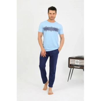 MARSiLYAN- Erkek Pamuk Kısa Kol Pijama Takım Mavi