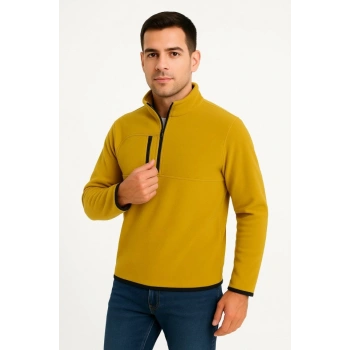 MARSiLYAN- Erkek Polar Kazak – Dik Yaka, Yarım Fermuarlı, Fermuarlı Göğüs Cepli, Siyah Biyeli, Kışlık Rahat Regular Fit Günlük Model - Sarı