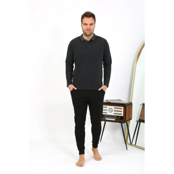 MARSiLYAN- Erkek Polo Yaka Uzun Kol Penye Pijama Takımı Antrasit