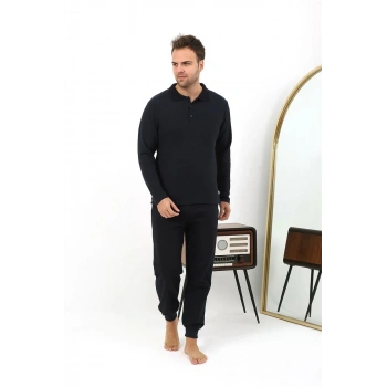 MARSiLYAN- Erkek Polo Yaka Uzun Kol Penye Pijama Takımı Lacivert