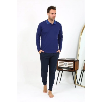 MARSiLYAN- Erkek Polo Yaka Uzun Kol Penye Pijama Takımı Lacivert