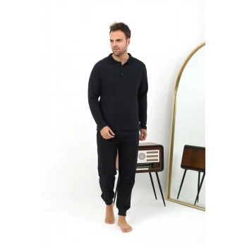 MARSiLYAN- Erkek Polo Yaka Uzun Kol Penye Pijama Takımı Lacivert