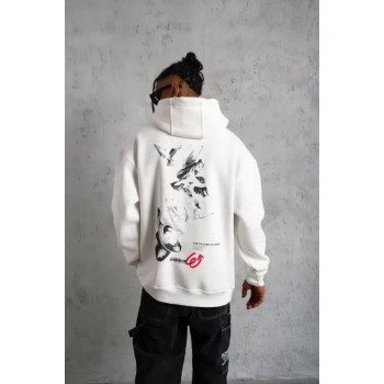 MARSiLYAN- Erkek Şapkalı Güvercin Baskılı Kapşonlu Sweat - Beyaz