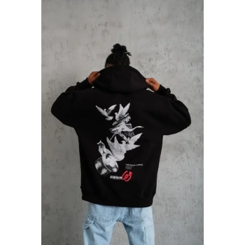 MARSiLYAN- Erkek Şapkalı Güvercin Baskılı Kapşonlu Sweat - Siyah
