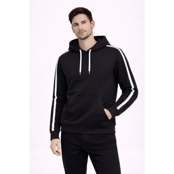 MARSiLYAN- Erkek Şeritli Kapüşonlu Sweatshirt Oversize 3 Iplik Pamuklu - Siyah