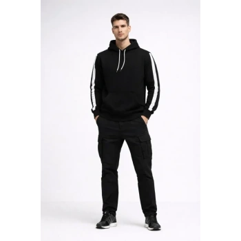 MARSiLYAN- Erkek Şeritli Kapüşonlu Sweatshirt Oversize 3 Iplik Pamuklu - Siyah