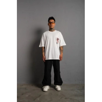 MARSiLYAN- Erkek Sırt Baskılı A Kalite Oversize T-shirt - Beyaz