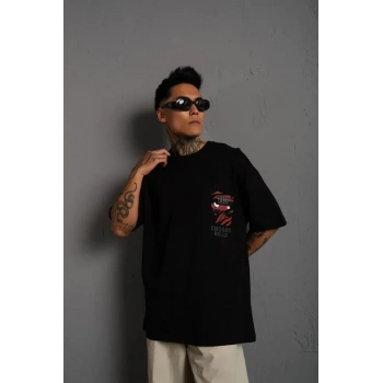 MARSiLYAN- Erkek Sırt Baskılı A Kalite Oversize T-shirt - Siyah