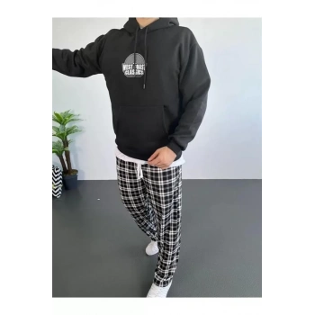 MARSiLYAN- Erkek Sırt Baskılı Kapüşonlu Üç İplik Oversize Sweatshirt - Siyah