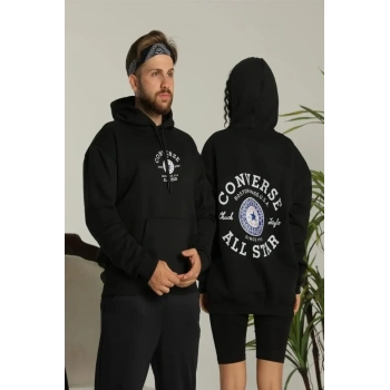 MARSiLYAN- Erkek Sırt Baskılı Oversize Üç İplik Kapüşonlu Hoodie Sweatshirt - Siyah