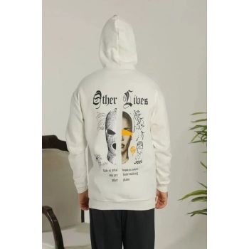 MARSiLYAN- Erkek Sırt Baskılı Oversize Üç İplik Kapüşonlu Sweatshirt - Beyaz