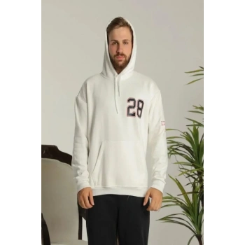 MARSiLYAN- Erkek Sırt Baskılı Oversize Üç İplik Kapüşonlu Sweatshirt - Beyaz
