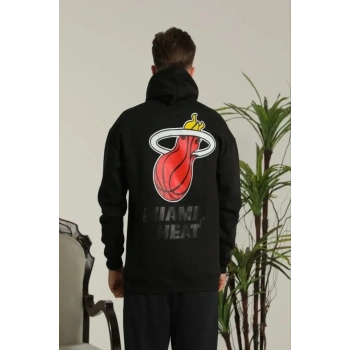 MARSiLYAN- Erkek Sırt Baskılı Oversize Üç İplik Kapüşonlu Sweatshirt - Siyah