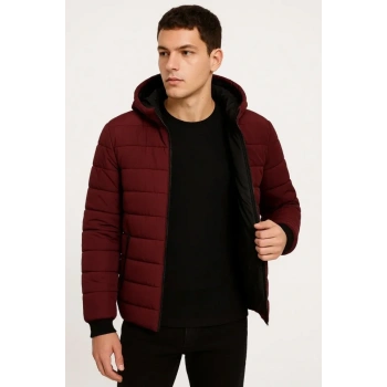 MARSiLYAN- Erkek Şişme Kapüşonlu Fermuarlı Mont Su Itici Kapitone Astarlı Kumaş Cepli Kışlık Rahat Kalıp - Bordo