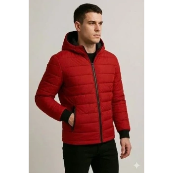 MARSiLYAN- Erkek Şişme Kapüşonlu Fermuarlı Mont Su Itici Kapitone Astarlı Kumaş Cepli Kışlık Rahat Kalıp - Kırmızı