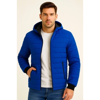 MARSiLYAN- Erkek Şişme Kapüşonlu Fermuarlı Mont Su Itici Kapitone Astarlı Kumaş Cepli Kışlık Rahat Kalıp - Saks Mavisi