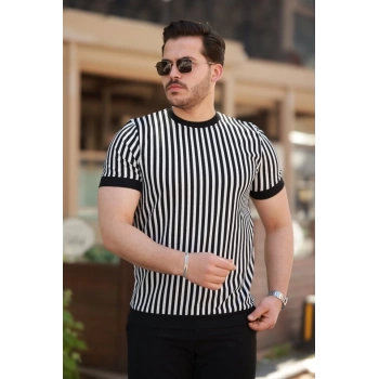 MARSiLYAN- Erkek Siyah Beyaz örme Pamuklu Kumaş Kısa Kollu Tshirt