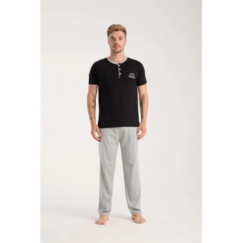 MARSiLYAN- Erkek Siyah Düğmeli Yaka Kısa Kol Pijama Takımı