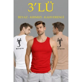 MARSiLYAN- Erkek Spor Fitilli Atlet 3lü Set Beyaz, Kırmızı Ve Kahverengi Slim Fit Kaşkorse Arka Baskılı Spor Atlet