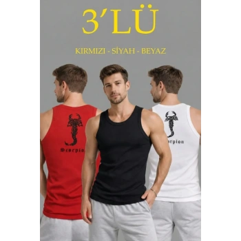 MARSiLYAN- Erkek Spor Fitilli Atlet 3lü Set Kırmızı, Siyah Ve Beyaz Slim Fit Kaşkorse Arka Baskılı Spor Atlet