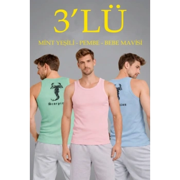 MARSiLYAN- Erkek Spor Fitilli Atlet 3lü Set Mint Yeşili, Pembe Ve Bebek Mavisi Slim Fit Kaşkorse Arka Baskılı Spor Atlet