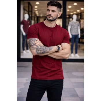 MARSiLYAN- Erkek T-Shirt Bisiklet Yaka Slim Fit Dar Kesim Likralı Tişört Günlük Basic Body - Bordo