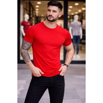 MARSiLYAN- Erkek T-Shirt Bisiklet Yaka Slim Fit Dar Kesim Likralı Tişört Günlük Basic Body - Kırmızı