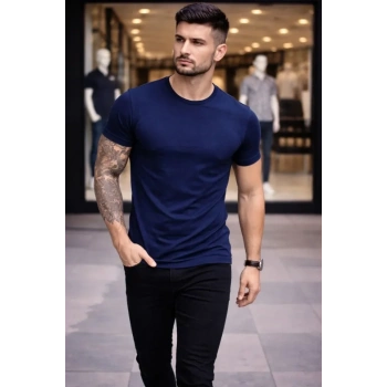MARSiLYAN- Erkek T-Shirt Bisiklet Yaka Slim Fit Dar Kesim Likralı Tişört Günlük Basic Body - Lacivert