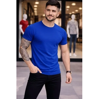 MARSiLYAN- Erkek T-Shirt Bisiklet Yaka Slim Fit Dar Kesim Likralı Tişört Günlük Basic Body - Saks Mavisi