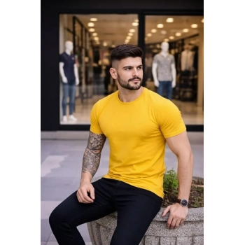 MARSiLYAN- Erkek T-Shirt Bisiklet Yaka Slim Fit Dar Kesim Likralı Tişört Günlük Basic Body - Sarı