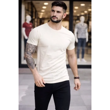 MARSiLYAN- Erkek T-Shirt Bisiklet Yaka Slim Fit Dar Kesim Likralı Tişört Günlük Basic Body - Taş