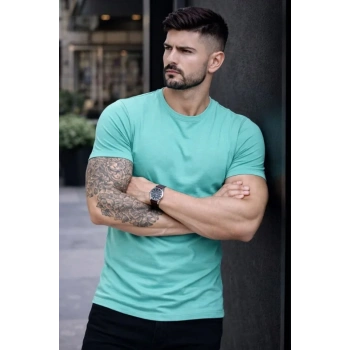 MARSiLYAN- Erkek T-Shirt Bisiklet Yaka Slim Fit Dar Kesim Likralı Tişört Günlük Basic Body - Turkuvaz