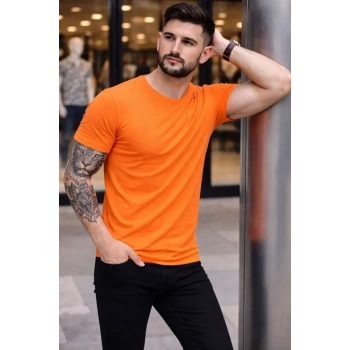 MARSiLYAN- Erkek T-Shirt Bisiklet Yaka Slim Fit Dar Kesim Likralı Tişört Günlük Basic Body - Turuncu