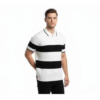 MARSiLYAN- Erkek T-shirt Çizgili Triko Dokuma Kumaş Polo Yaka Yarım Fermuarlı Regular Kalıp Tişört - Beyaz