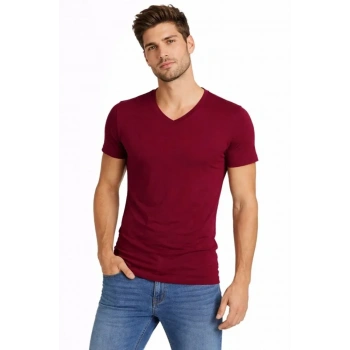 MARSiLYAN- Erkek T-Shirt V Yaka Slim Fit Dar Kesim Likralı Tişört Günlük Basic Body - Bordo