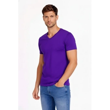 MARSiLYAN- Erkek T-Shirt V Yaka Slim Fit Dar Kesim Likralı Tişört Günlük Basic Body - Mor