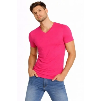 MARSiLYAN- Erkek T-Shirt V Yaka Slim Fit Dar Kesim Likralı Tişört Günlük Basic Body - Pembe