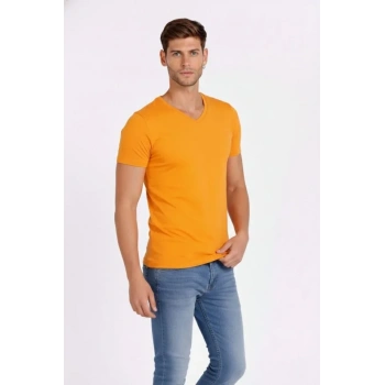 MARSiLYAN- Erkek T-Shirt V Yaka Slim Fit Dar Kesim Likralı Tişört Günlük Basic Body - Sarı