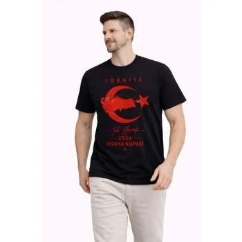 MARSiLYAN- Erkek TÜRKİYE Ay Yıldız Baskılı Taraftar Forma T-Shirt - Siyah