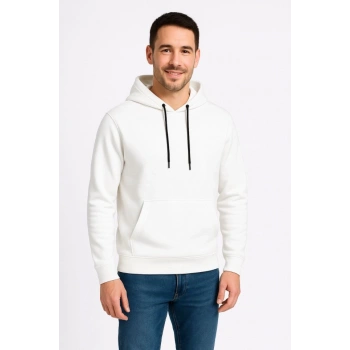 MARSiLYAN- Erkek Üç İplik Kapüşonlu Kanguru Cepli SweatShirt Hoodie - Beyaz