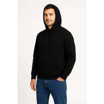 MARSiLYAN- Erkek Üç İplik Kapüşonlu Kanguru Cepli SweatShirt Hoodie - Siyah