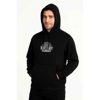MARSiLYAN- Erkek Üç İplik Kapüşonlu Ön Ve Arka Baskılı SweatShirt Hoodie - Siyah