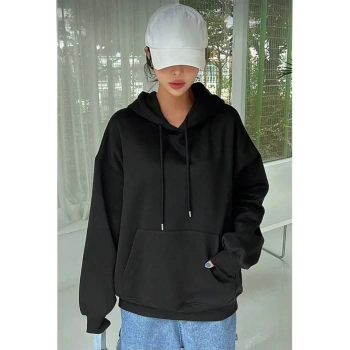 MARSiLYAN- Erkek Uzun Kol Kapşonlu Basic Sweatshirt Hoodie - Siyah
