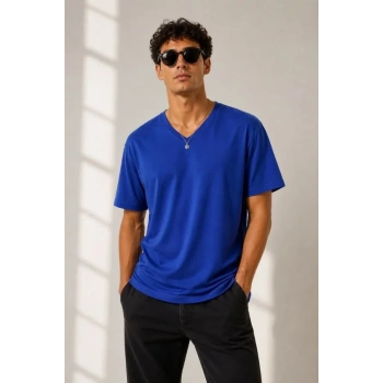 MARSiLYAN- Erkek V Yaka Basic Tişört Kısa Kol Yazlık Regular Fit T-Shirt - Saks Mavisi