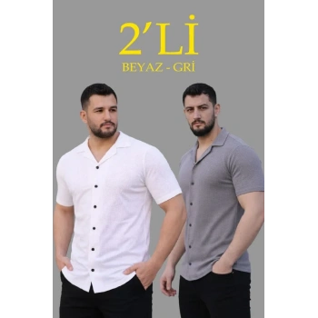 MARSiLYAN- Erkek Waffle Dokuma Açık Yakalı Düğmeli Regular Kalıp 2’li Gömlek Seti - Beyaz - Gri