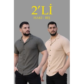 MARSiLYAN- Erkek Waffle Dokuma Açık Yakalı Düğmeli Regular Kalıp 2’li Gömlek Seti - Haki - Bej