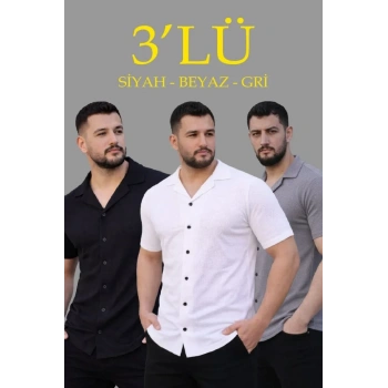 MARSiLYAN- Erkek Waffle Dokuma Açık Yakalı Düğmeli Regular Kalıp 3’lü Gömlek Seti - Siyah, Beyaz, Gri